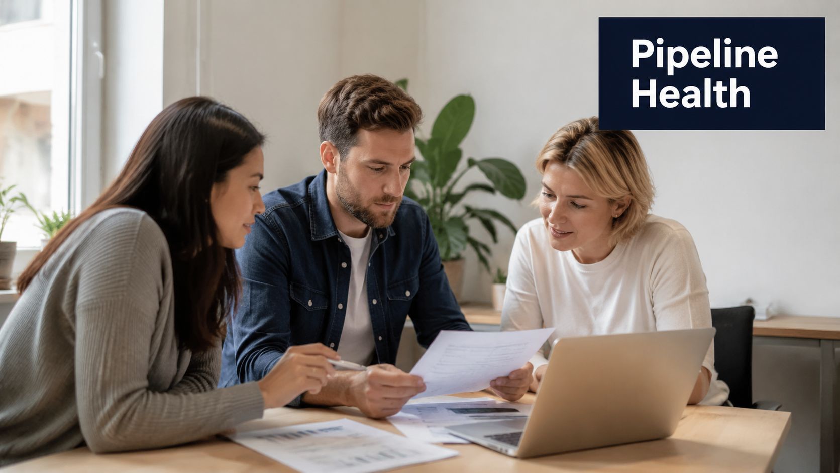 Three professional colleagues collaborating on sales documents and analyzing data on a laptop in an office.