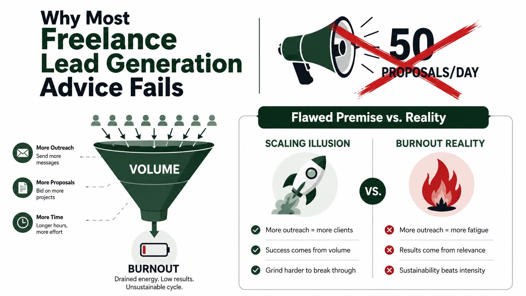 An infographic illustrating why high-volume freelance lead generation strategies often lead to burnout rather than success.
