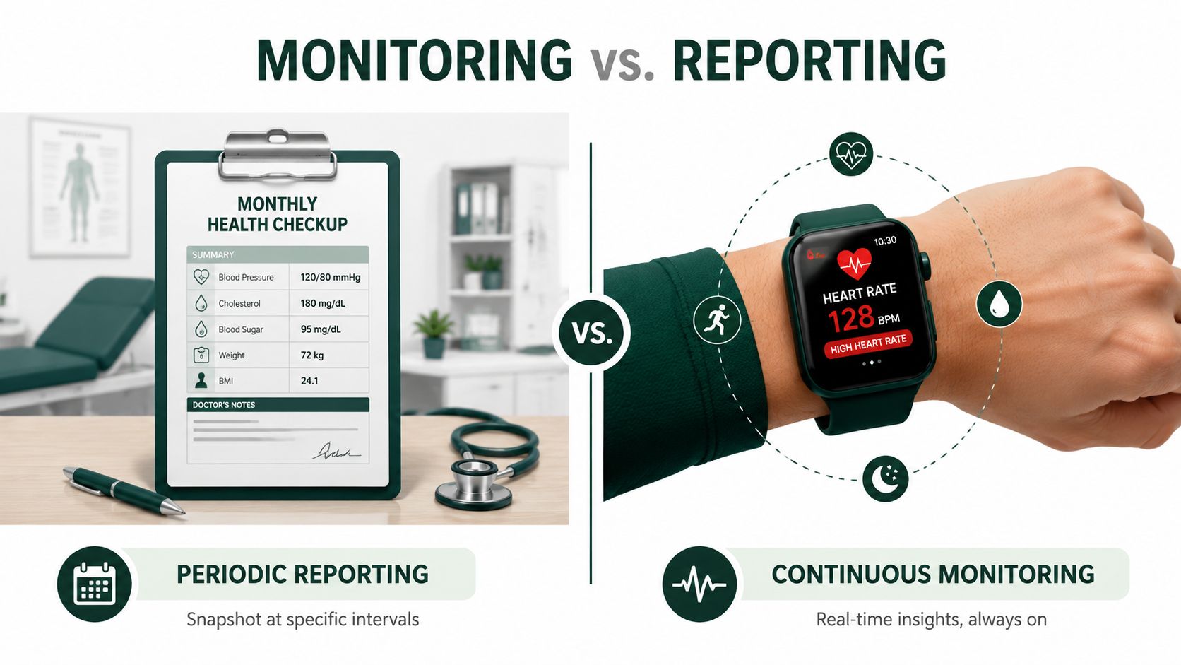 A comparison illustration showing periodic health report documentation versus real-time continuous biometric heart rate monitoring smartwatch data.