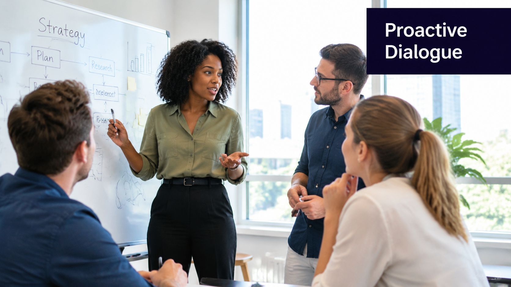 A diverse group of professionals collaborating and brainstorming during a business meeting in a modern bright office.