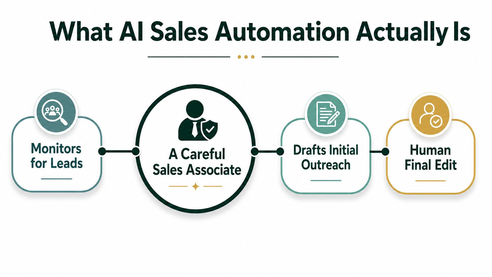 A diagram illustrating how AI sales automation supports a careful sales associate through four distinct workflow steps.