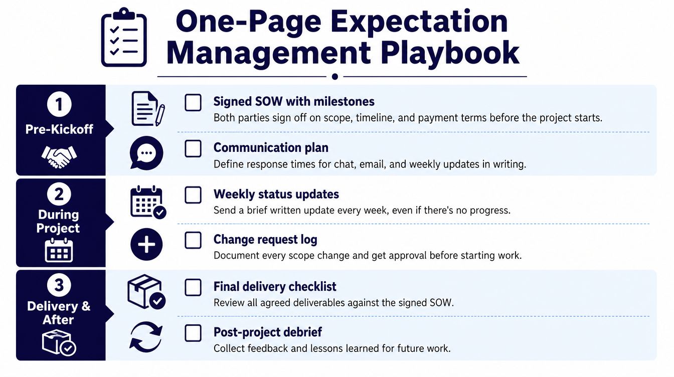 A visual guide illustrating a three-stage playbook for managing client expectations in professional projects.