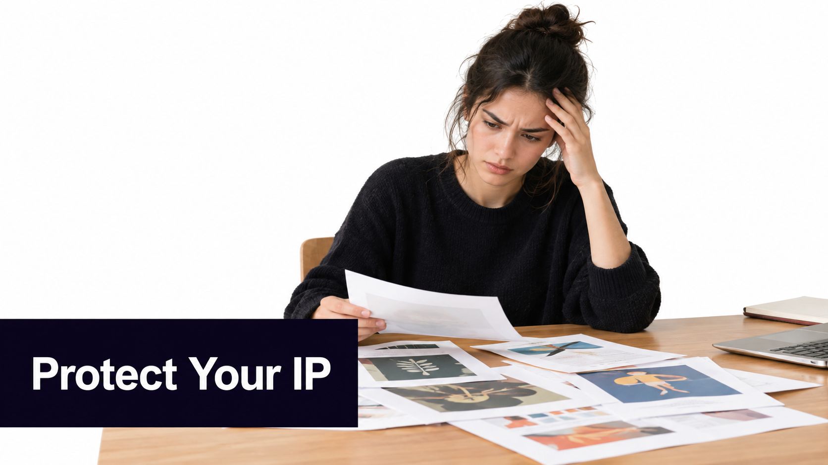 A concerned young woman sits at a desk reviewing various documents, symbolizing intellectual property protection concerns.