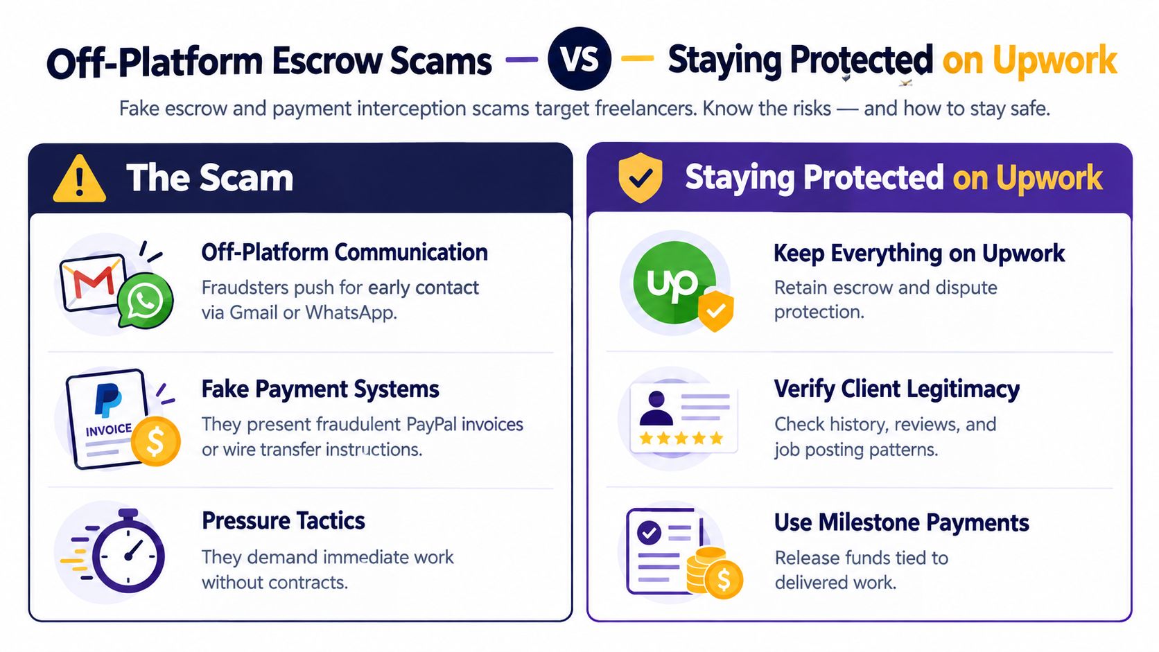 An infographic comparing off-platform escrow scams to best practices for staying protected while working on Upwork.