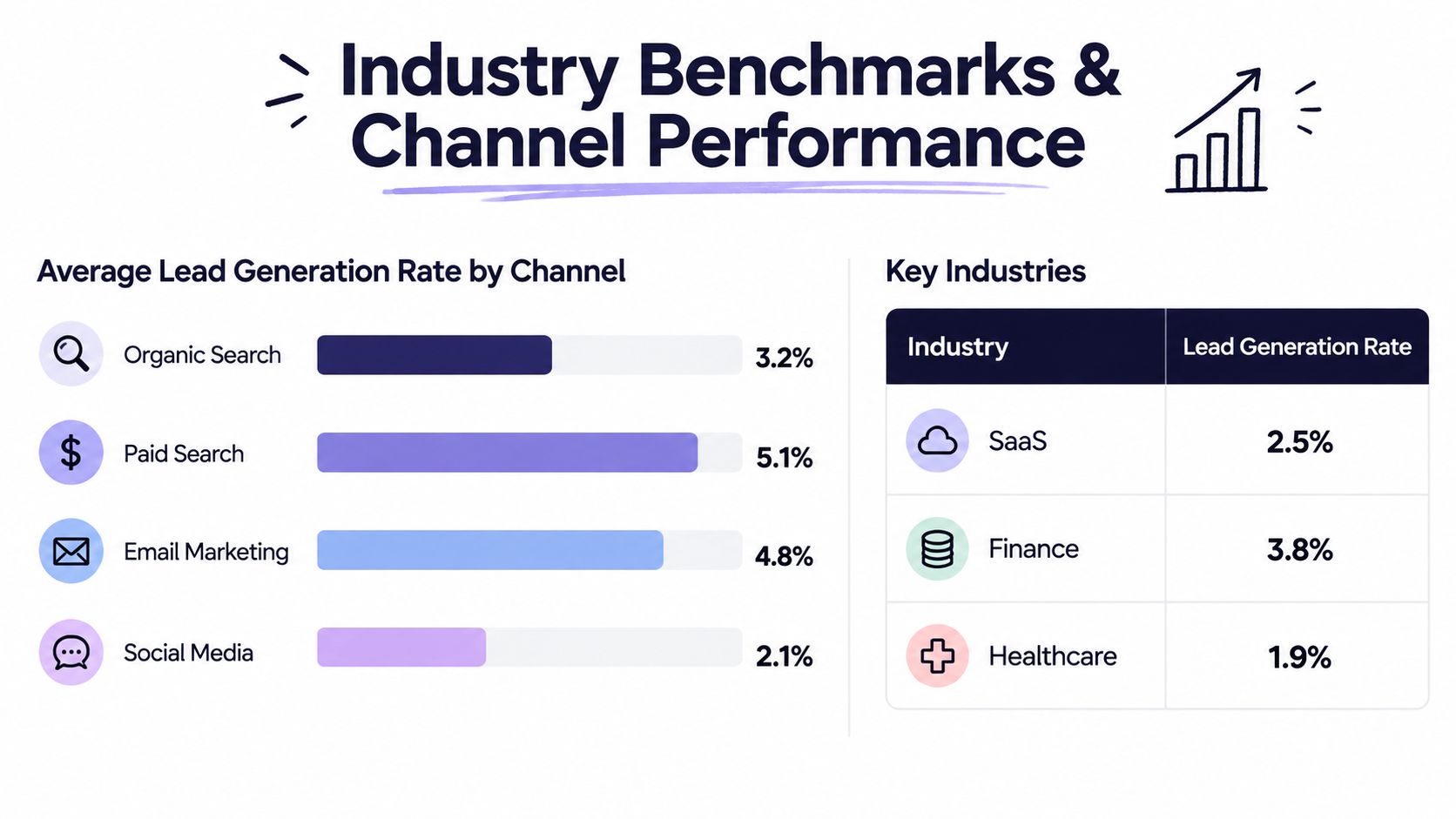 A chart showing industry benchmarks and average lead generation rates by marketing channel and specific industry.