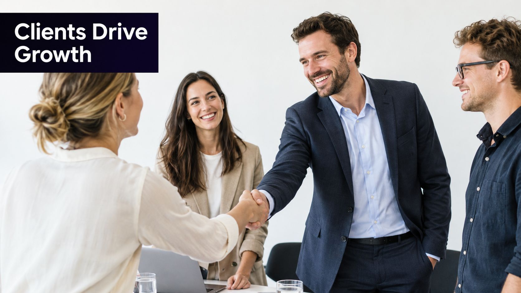 A professional business meeting where people are smiling and shaking hands during a successful negotiation session.
