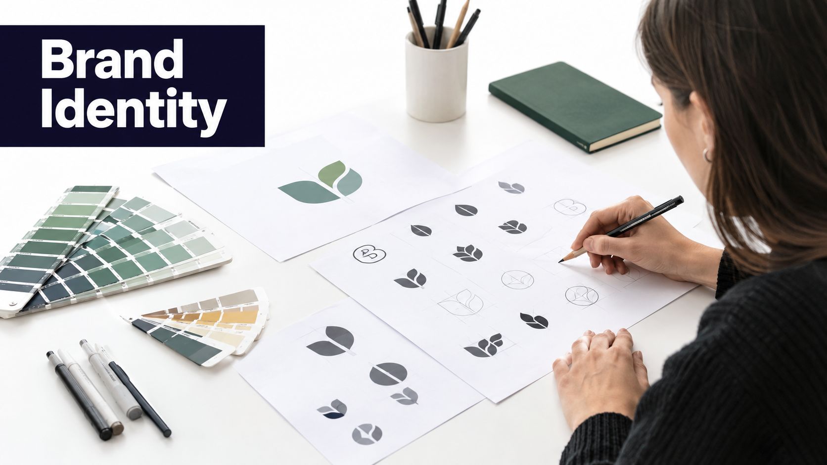 A graphic designer sketching various logo concepts on paper at a clean, professional creative workspace.