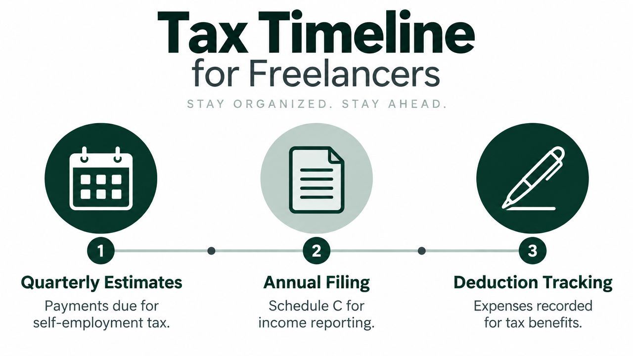 An infographic titled Tax Timeline for Freelancers showing three steps: quarterly estimates, annual filing, and deduction tracking.