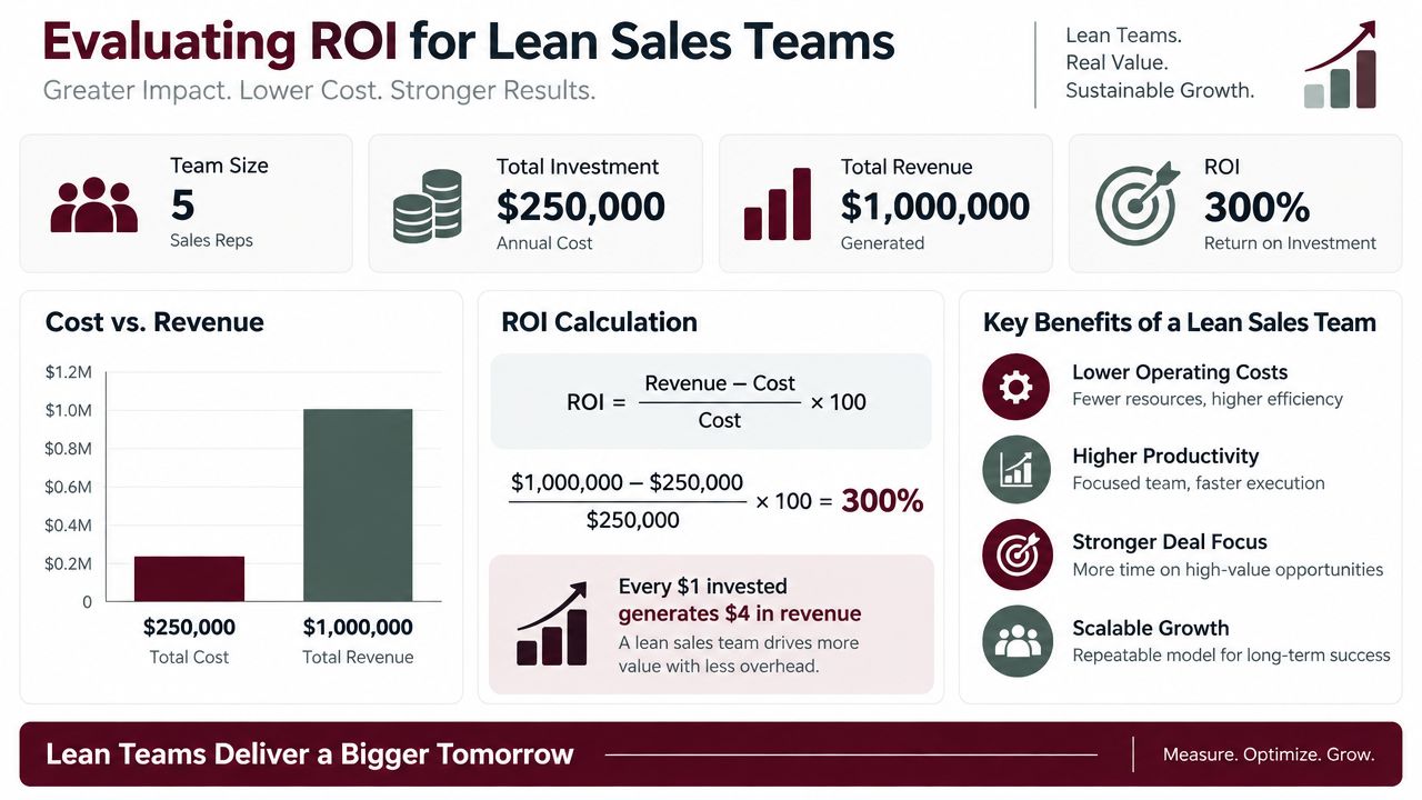 An infographic showing the ROI calculation for a lean sales team with five representatives generating high revenue.