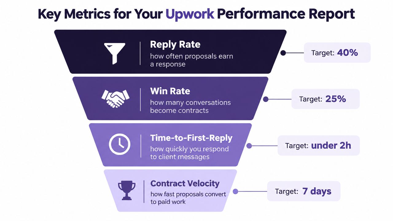 A funnel infographic detailing four key Upwork performance metrics with their respective targets for freelancers.