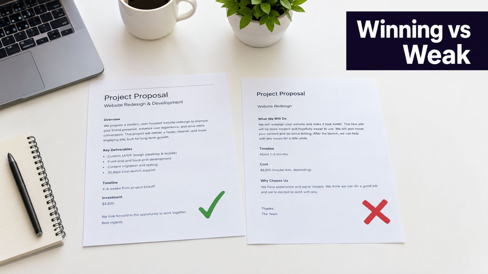 Two contrasting project proposals for website redesign laid out on a clean desk with a laptop.