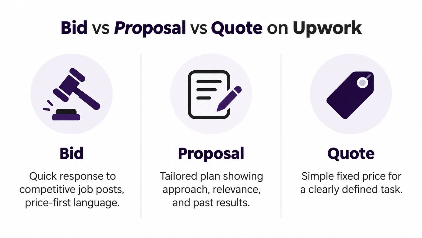 An infographic comparing the definitions of a bid, a proposal, and a quote for Upwork freelancers.