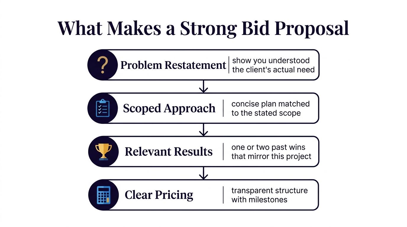 A diagram outlining the four key components that contribute to creating a strong professional bid proposal.