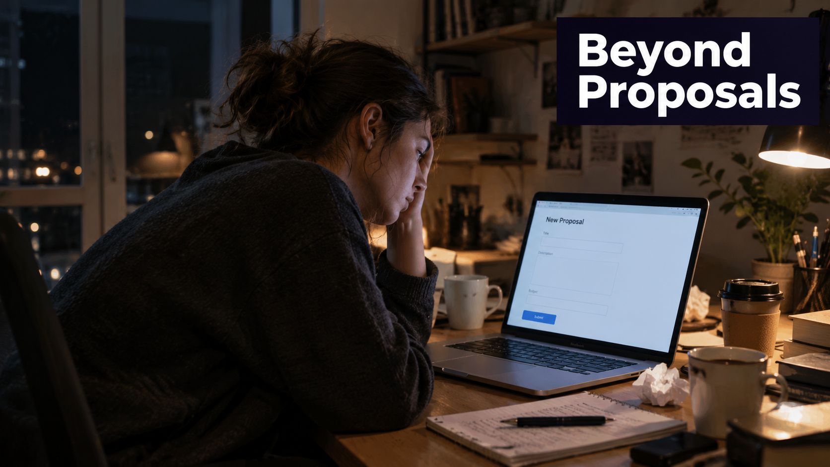 A tired woman working late at night on a new project proposal on her laptop computer.
