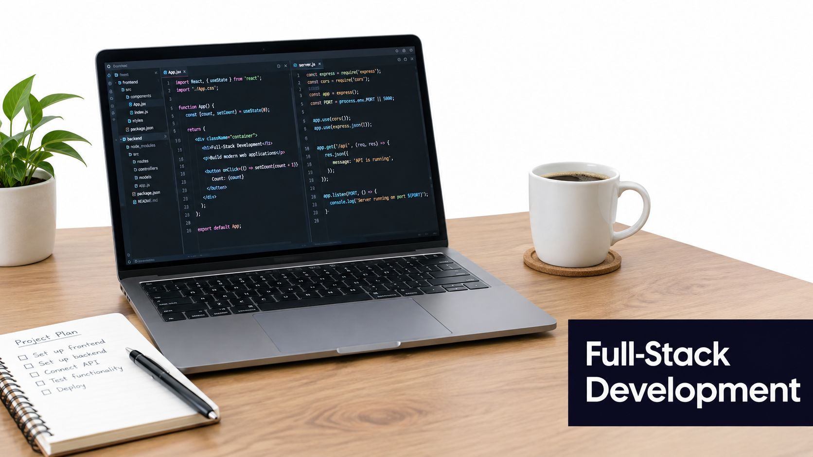 A laptop on a wooden desk displays full-stack web development code with a project plan notebook.