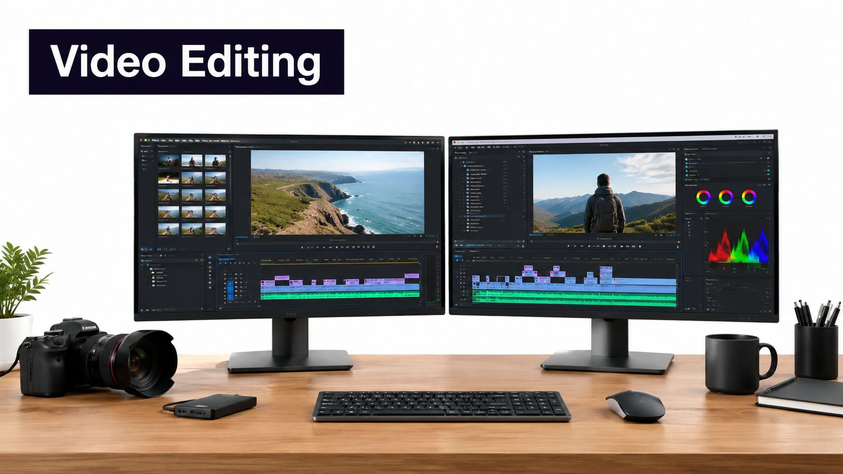 A dual monitor professional video editing workspace with a camera, keyboard, and mouse on a wooden desk.