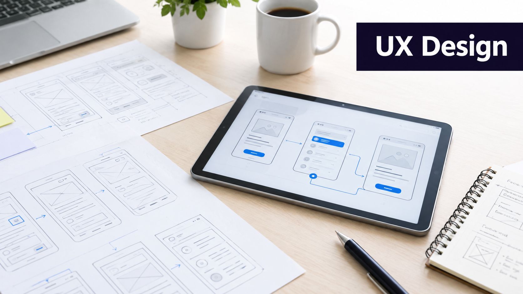 A modern workspace displaying digital wireframe sketches on a tablet and paper sheets for UX design.