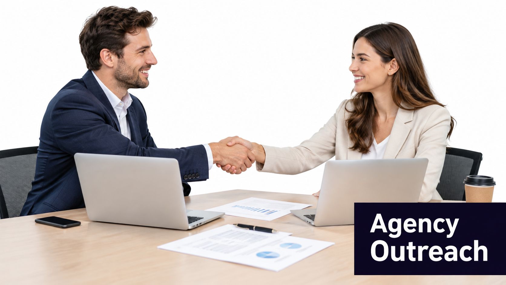 A professional man and woman smiling and shaking hands over a desk with laptops and documents.