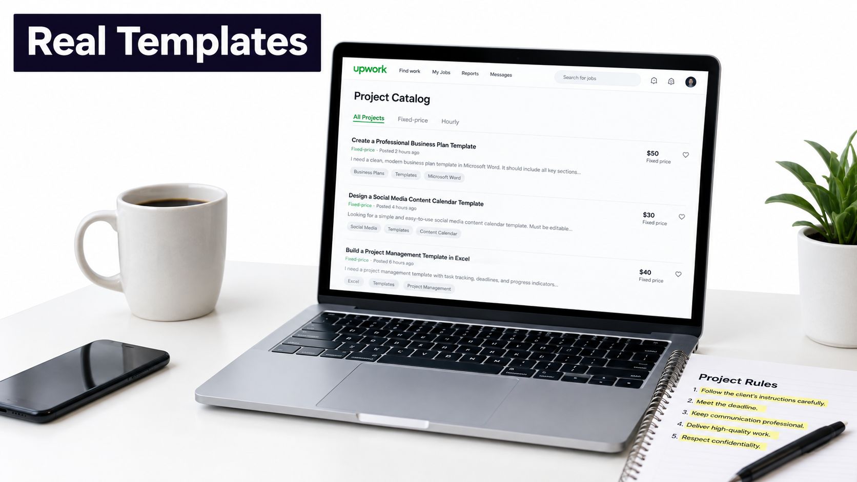 A modern laptop on a desk showing an Upwork job search screen with project template listings.