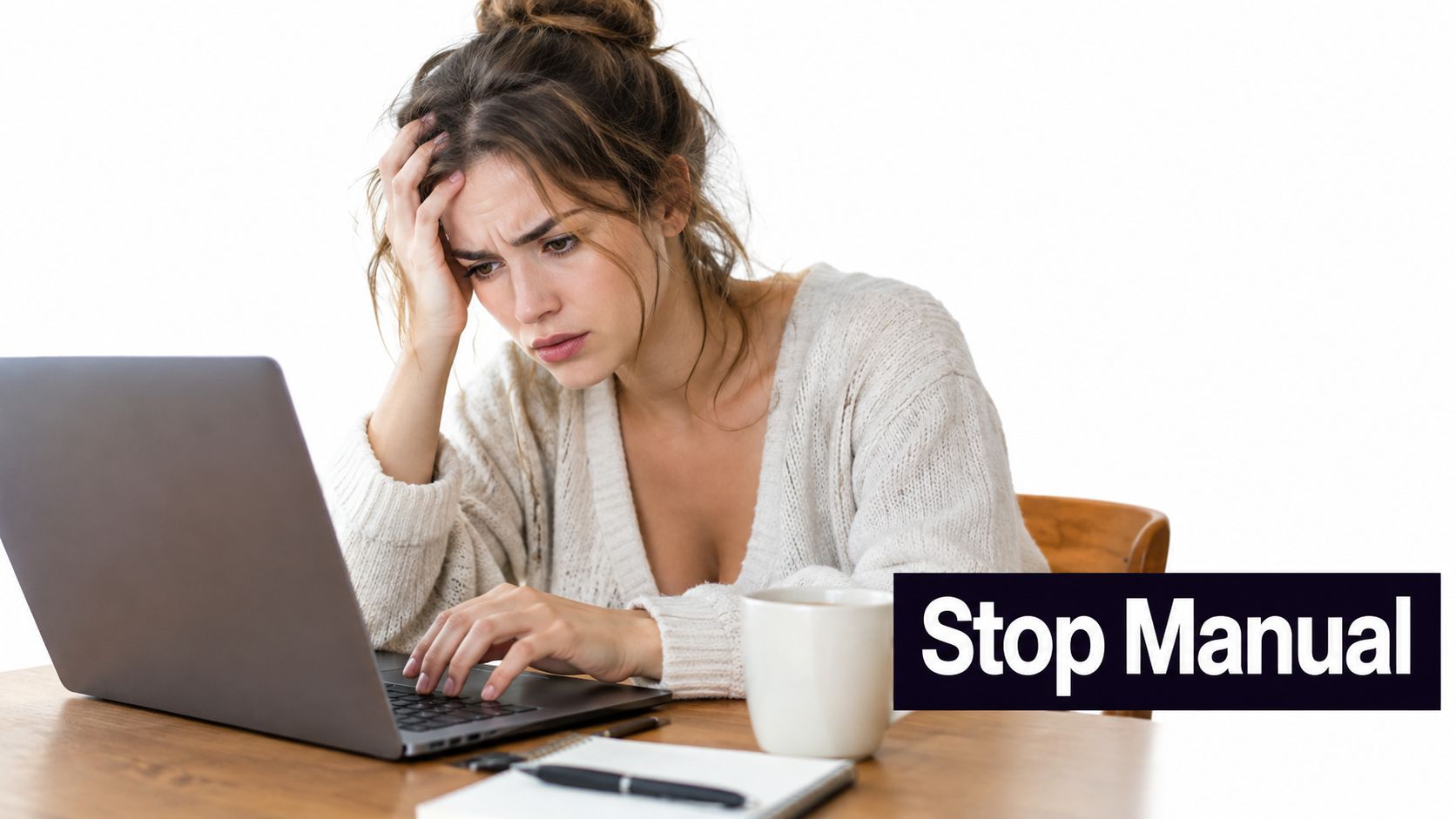 A woman looks stressed while working on her laptop at a desk with a coffee mug.
