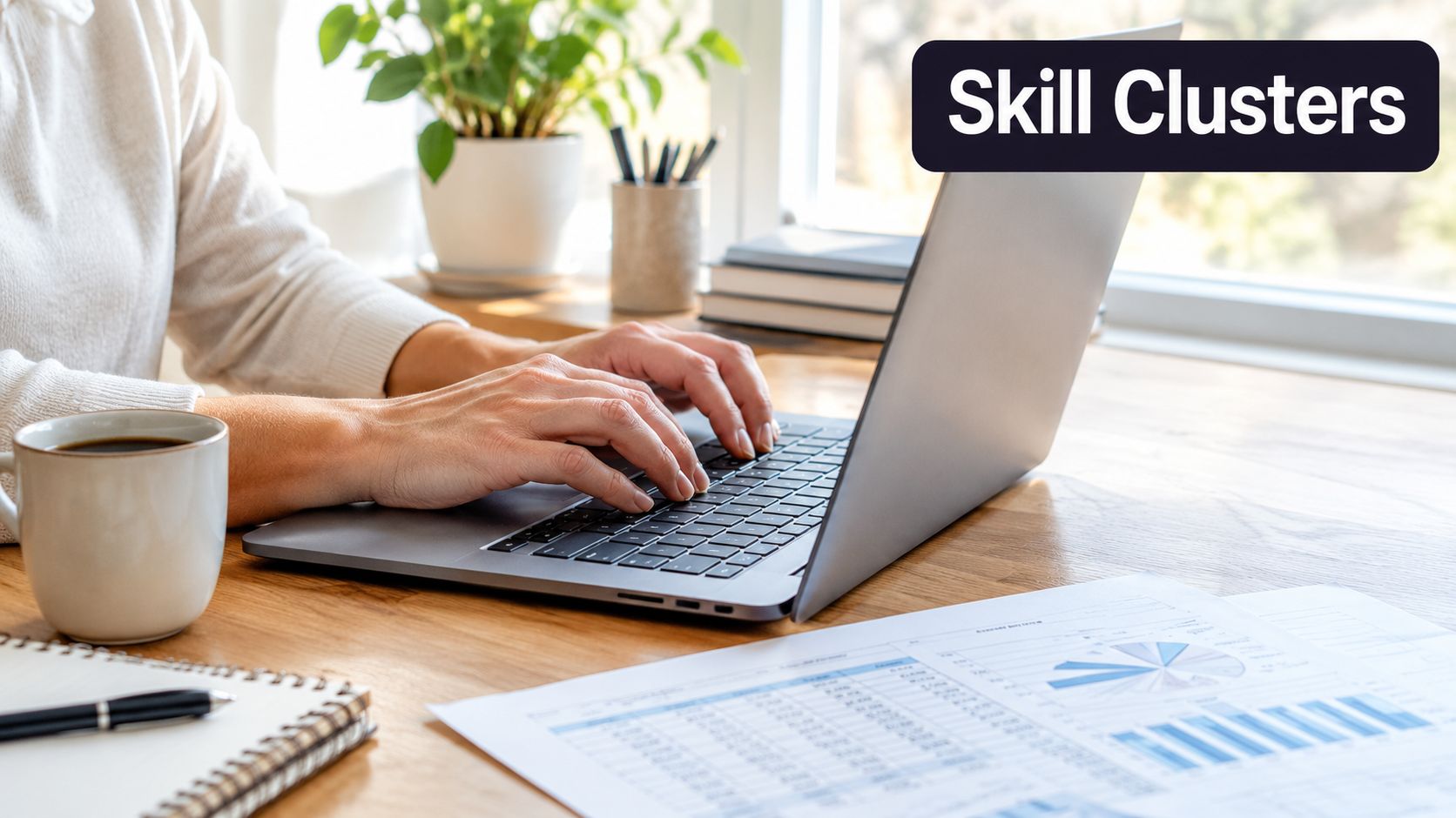 A professional working on a laptop at a desk with a coffee mug and financial charts.