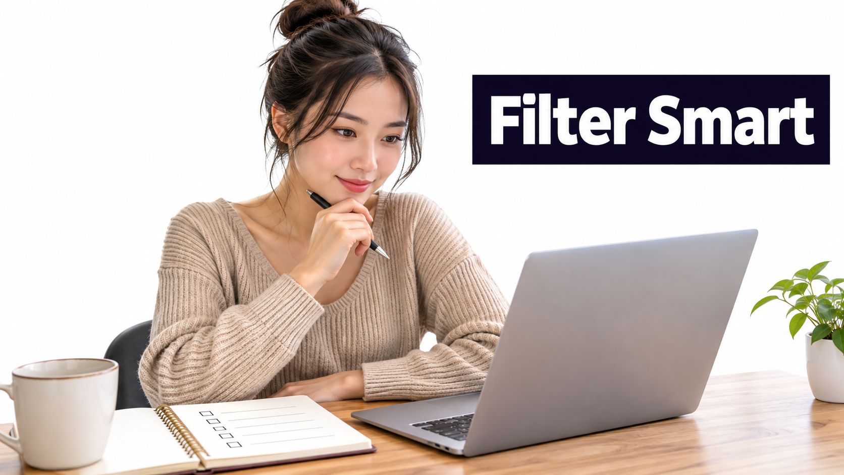 A woman working on a laptop with a notebook, pen, and coffee mug, with text reading Filter Smart.