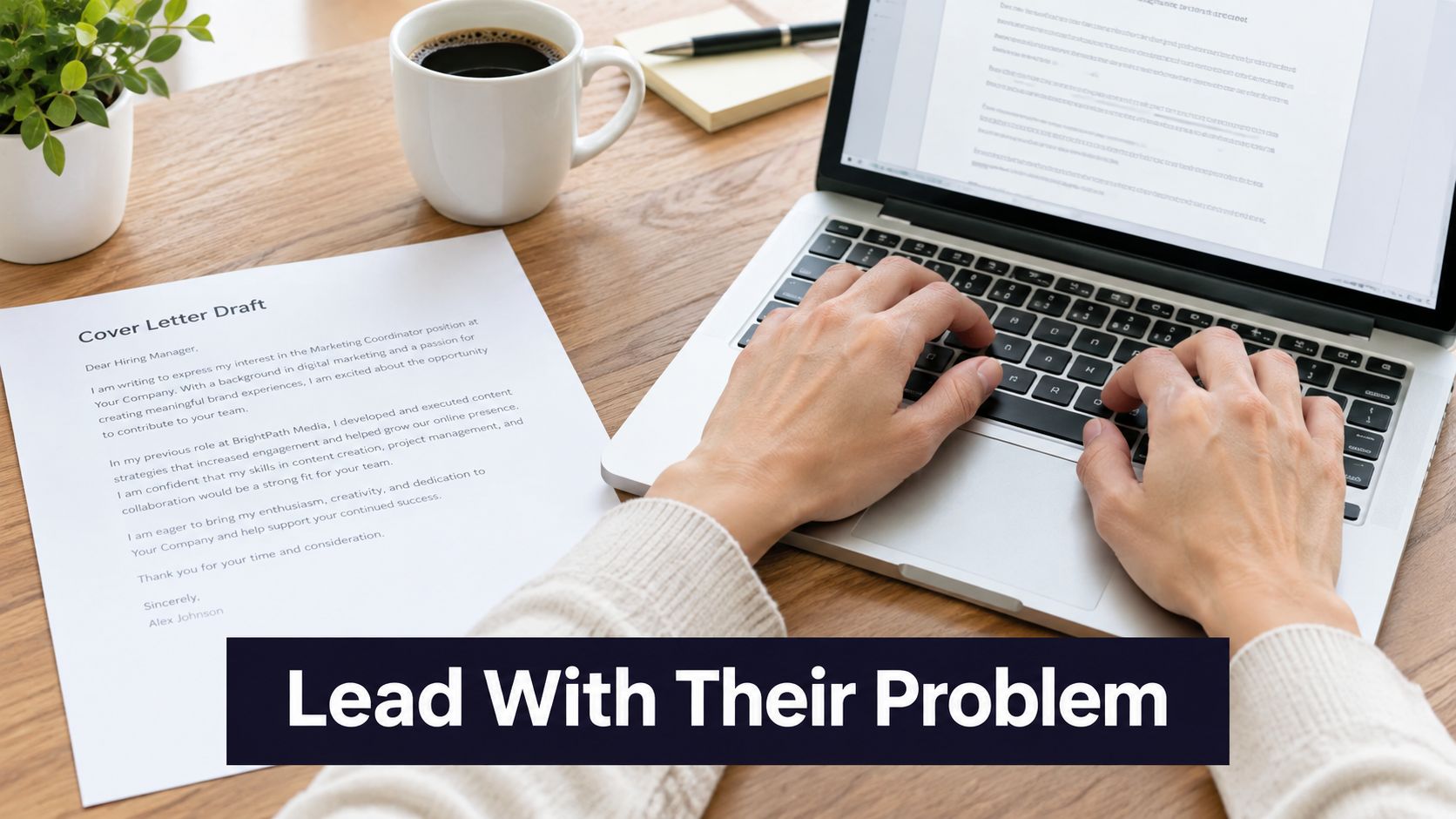 A person writing a cover letter on a laptop while following a strategy to solve professional problems.