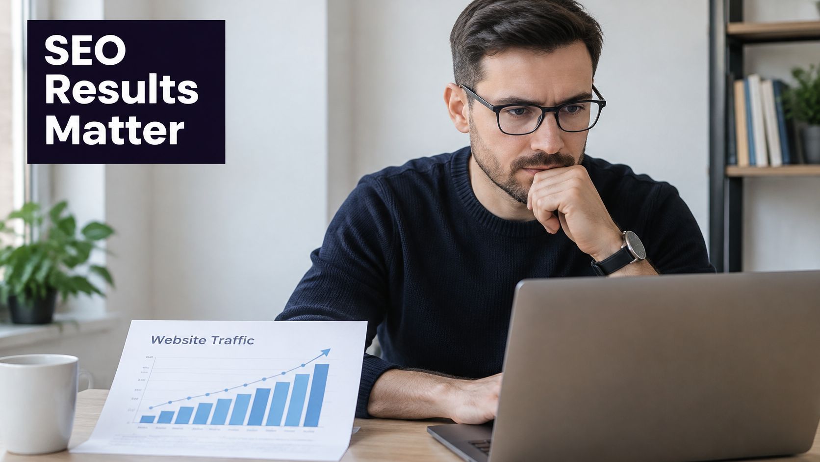 A professional man analyzing website traffic growth on a laptop while reviewing a printed bar chart.