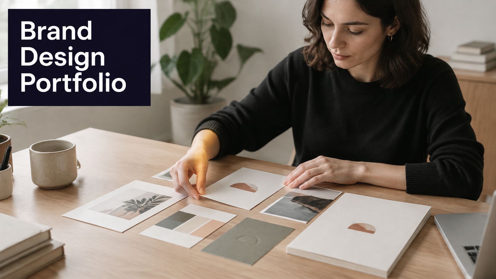 A professional graphic designer reviewing brand design prints and mood boards at a clean wooden desk.