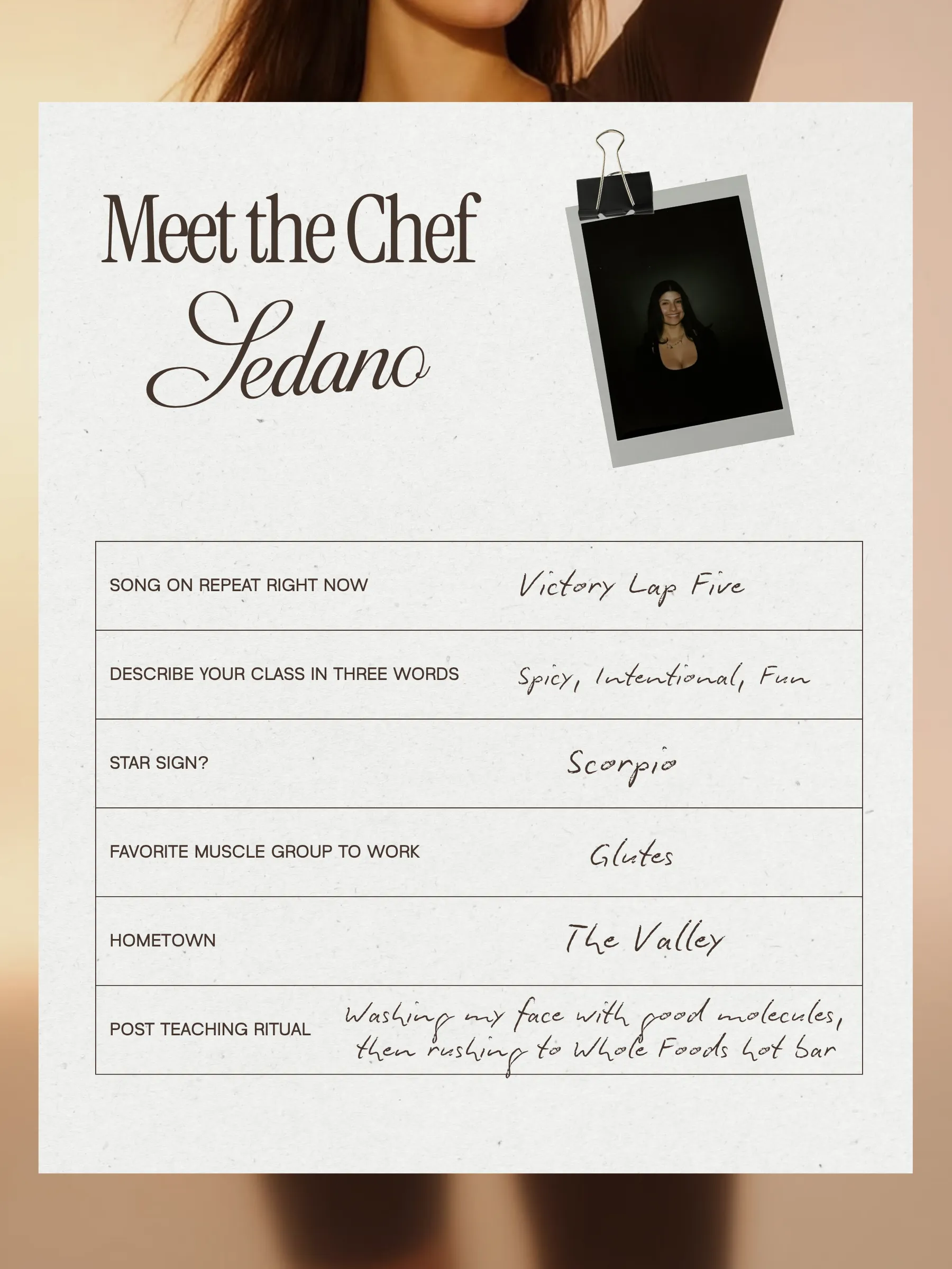 Meet the Chef Sedano. Tap to read her card.