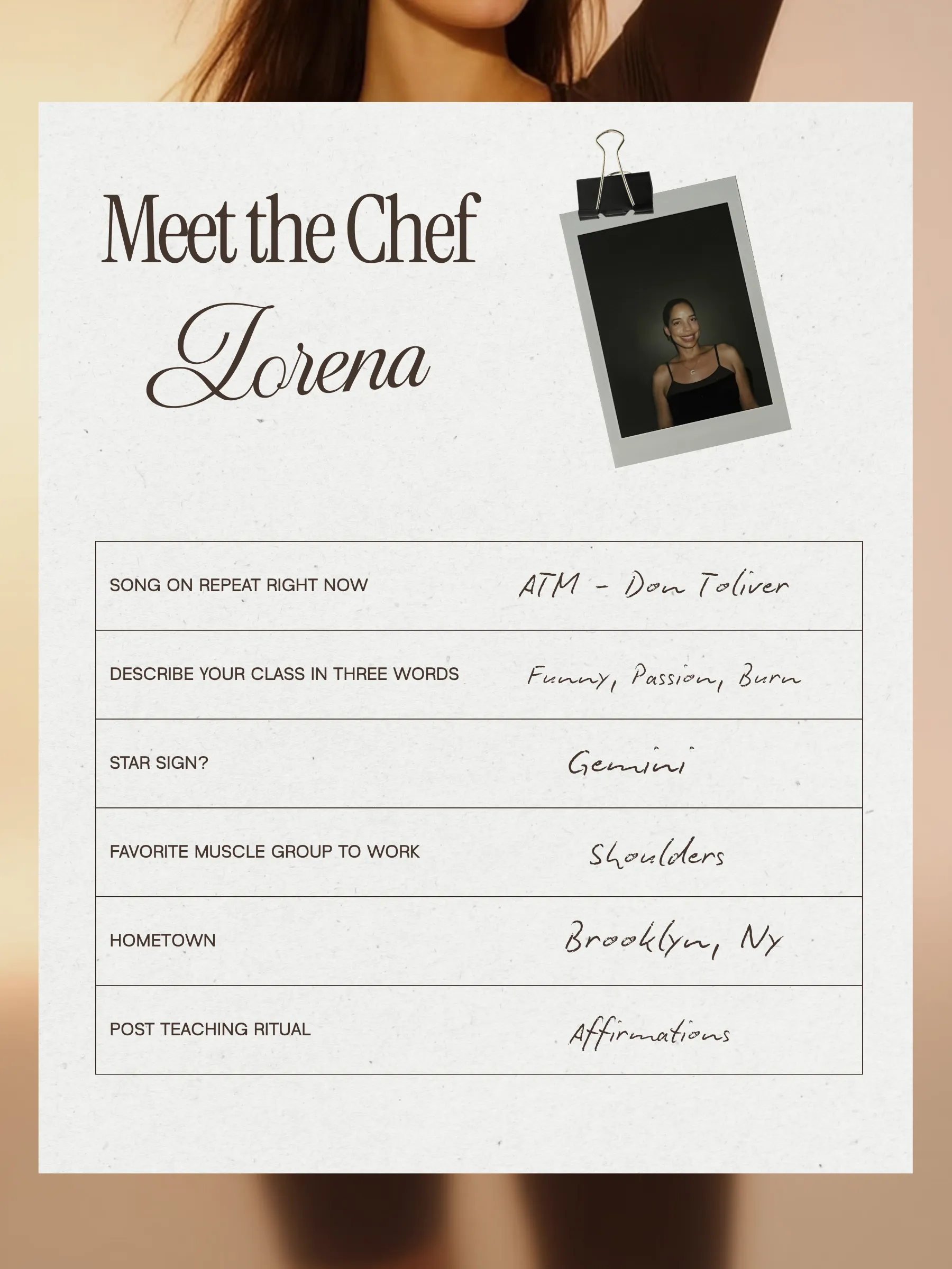 Meet the Chef Lorena. Tap to read her card.