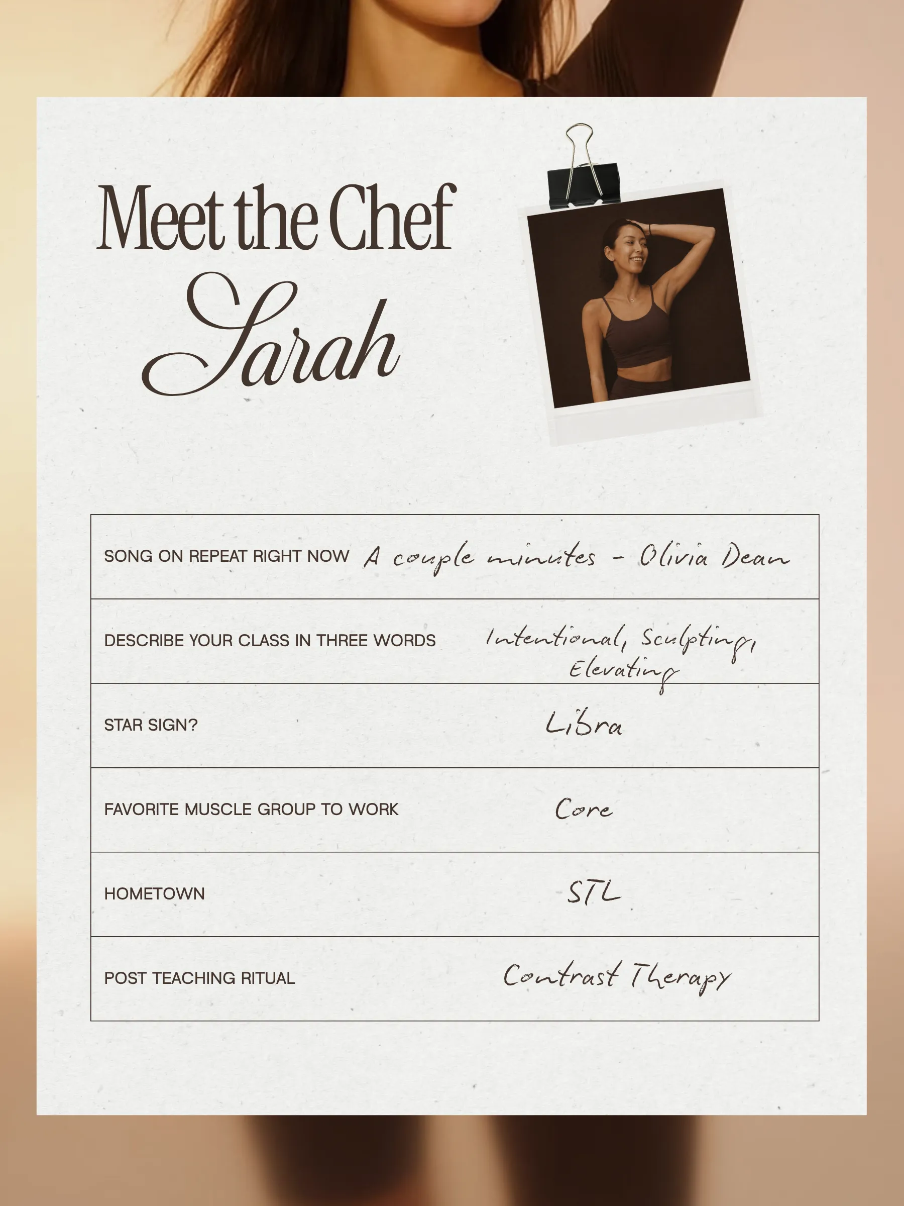 Meet the Chef Sarah. Tap to read her card.