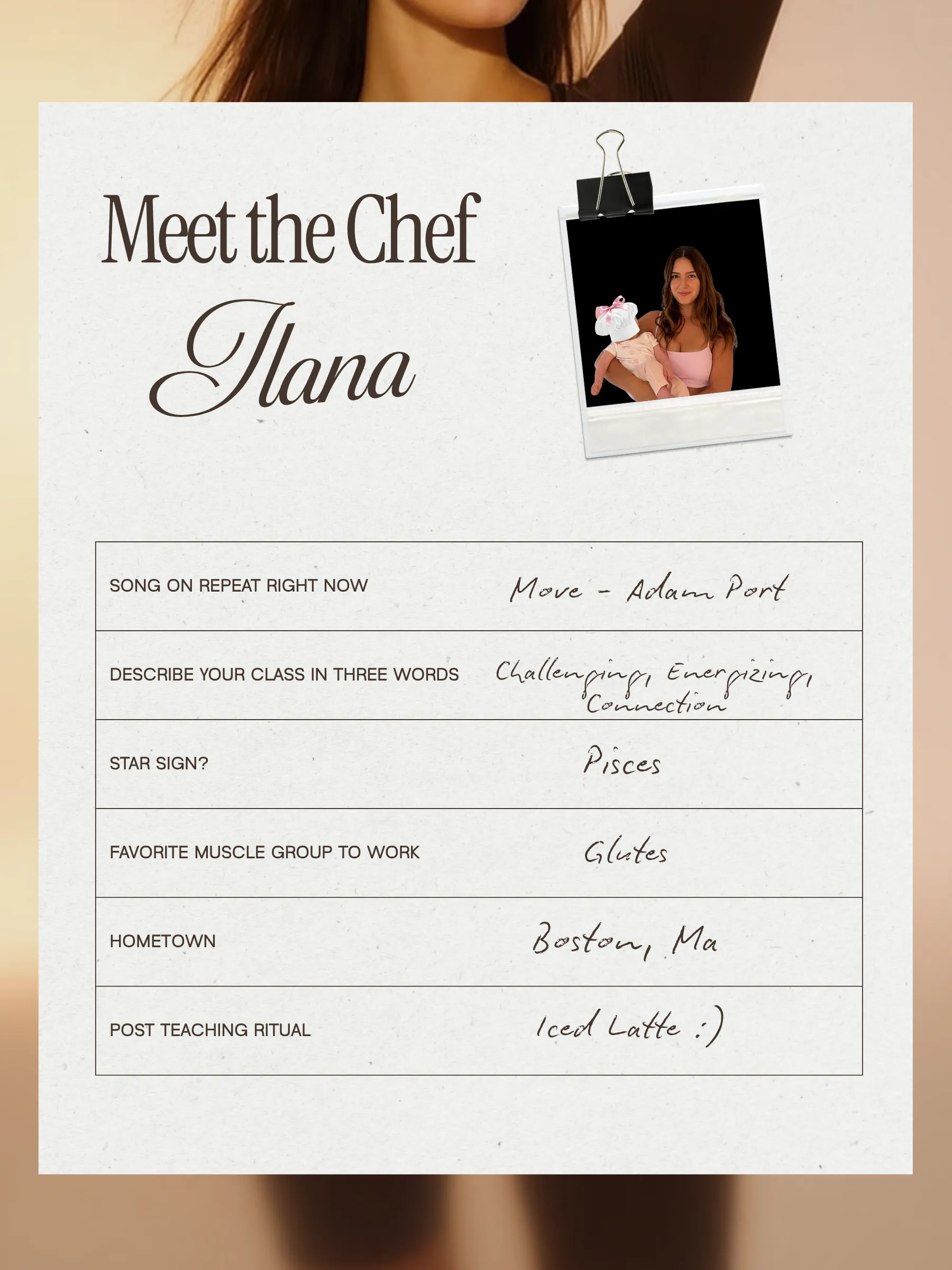 Meet the Chef Ilana, Mommy and Me instructor. Tap to read her card.