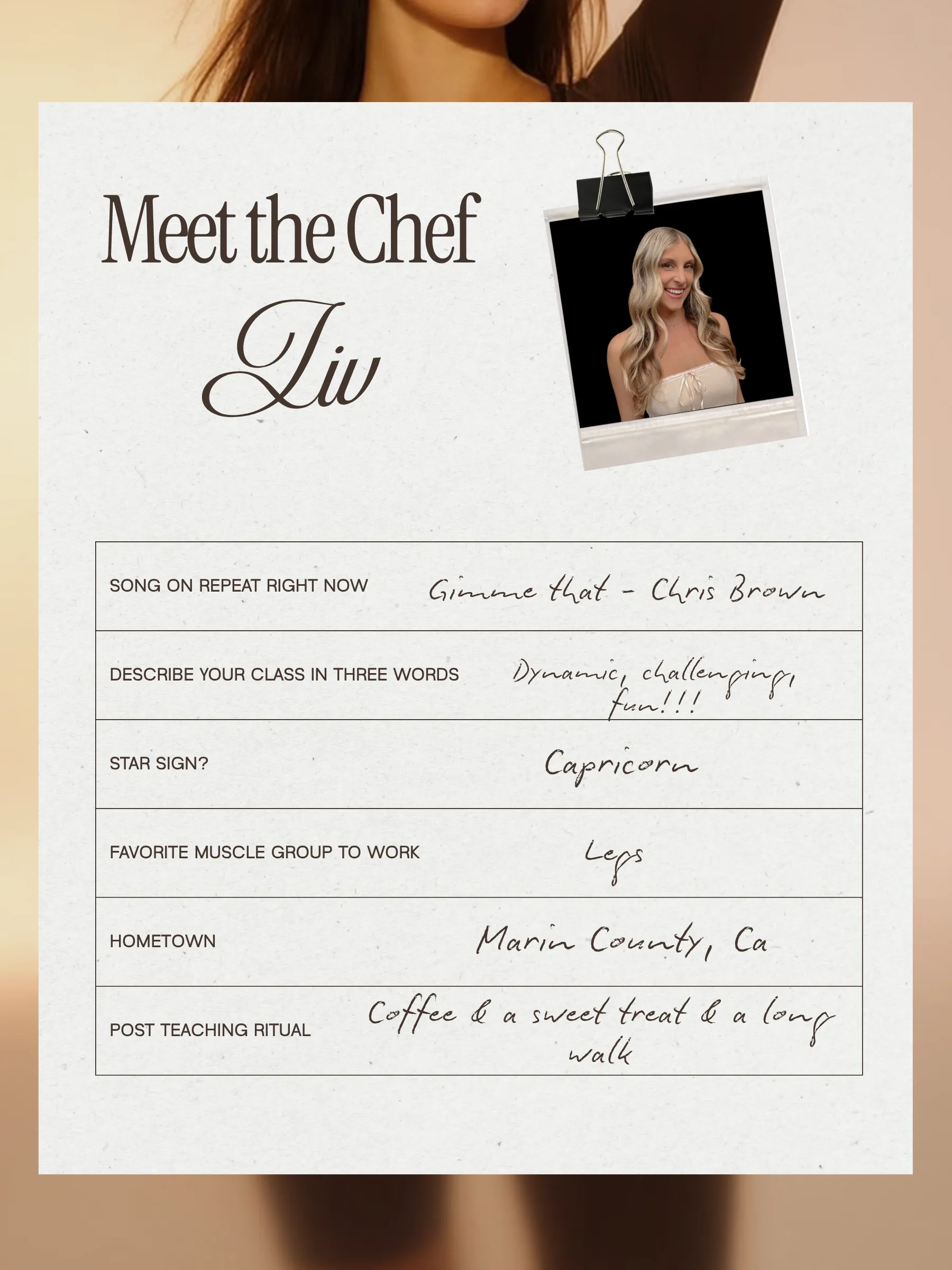 Meet the Chef Liv. Tap to read her card.