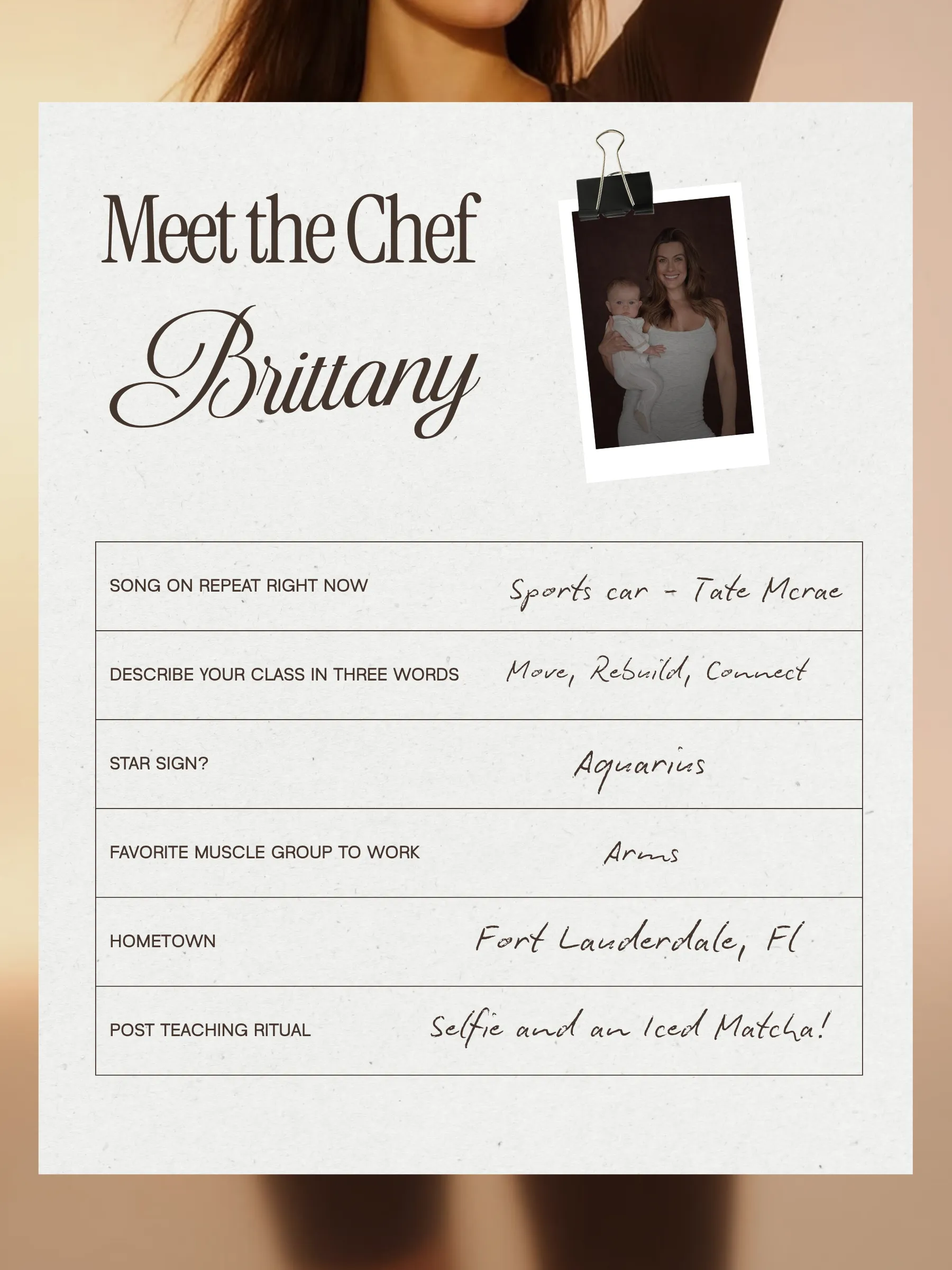 Meet the Chef Brittany, Mommy and Me instructor. Tap to read her card.