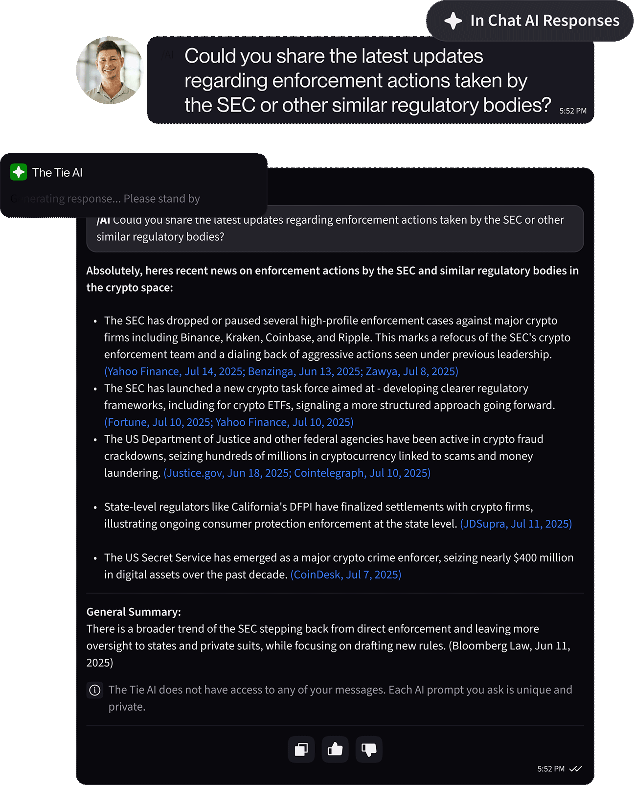 Screenshot of a chat conversation where a user asks for updates on enforcement actions by the SEC and regulatory bodies, followed by an AI response summarizing recent enforcement activities in crypto, including SEC cases against major firms, new crypto task force, DOJ fraud crackdowns, state settlements, and US Secret Service crypto crime efforts.