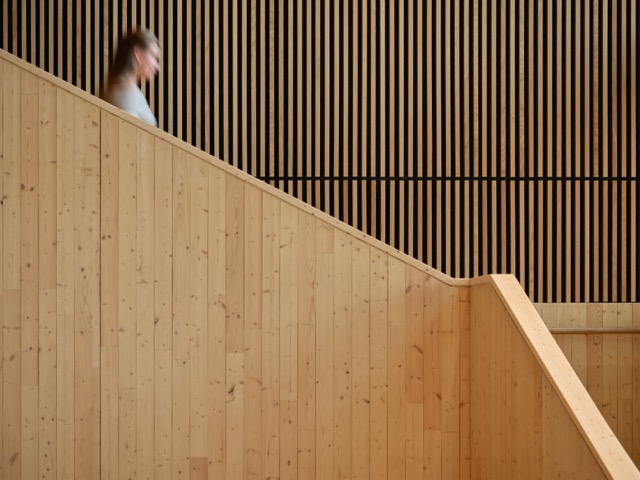 Blurred figure walking down a wooden staircase against a wall with vertical black and wood slats.