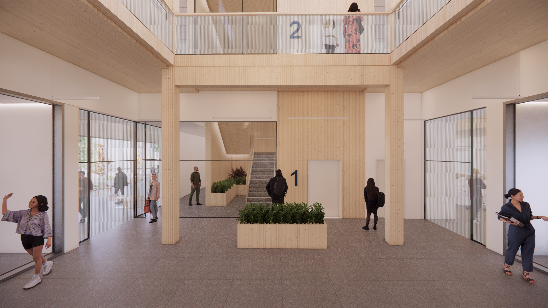 Modern multi-floor building interior with wooden accents, people walking and standing near glass walls and staircases.