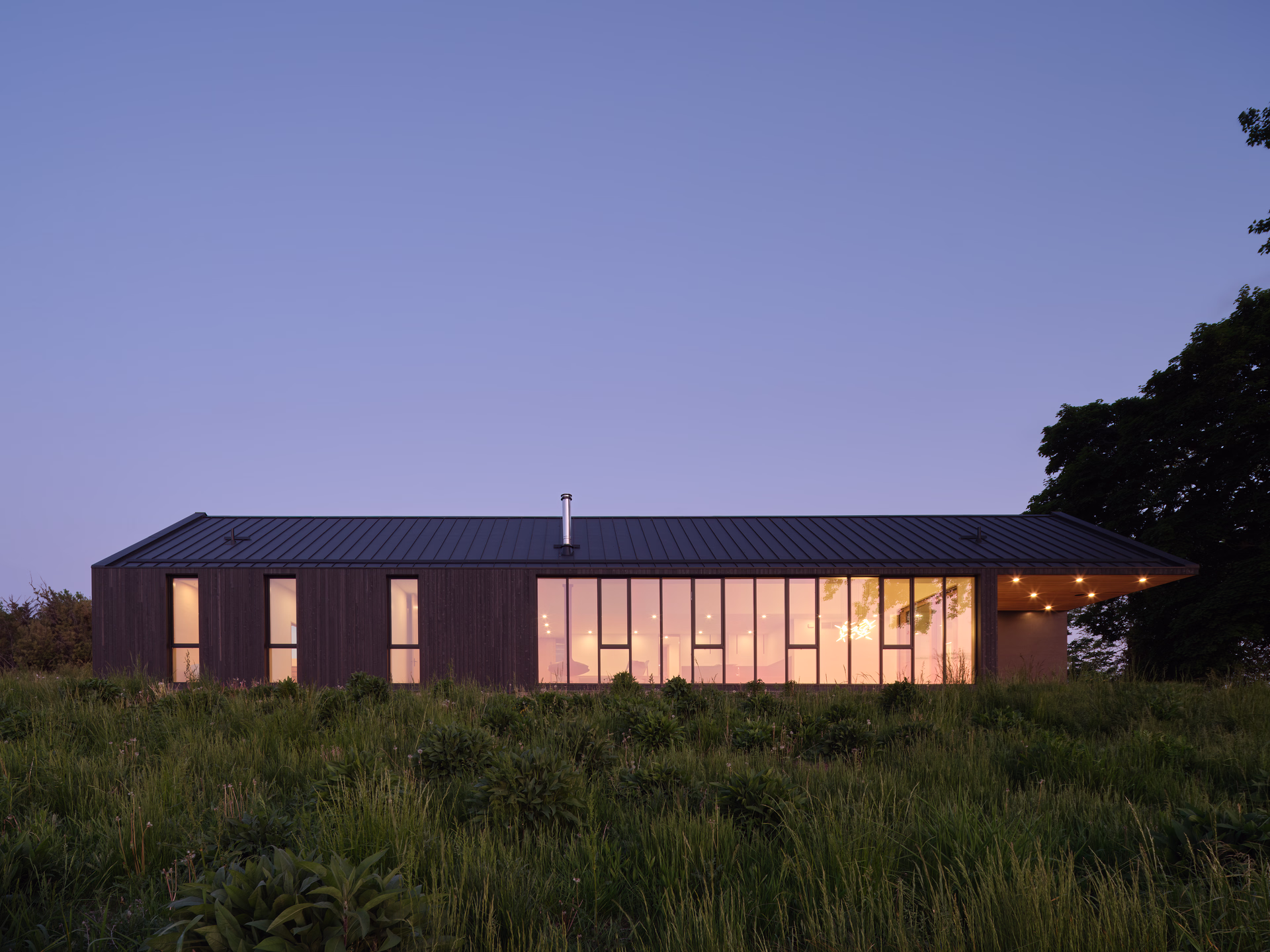 Modern one-story house with dark exterior, large floor-to-ceiling windows illuminated at dusk, surrounded by tall green grass and trees.