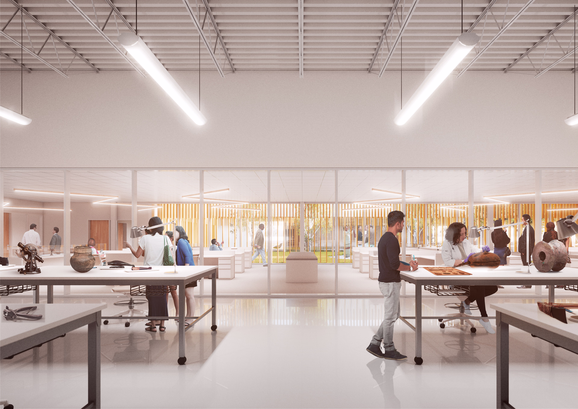 Bright, modern laboratory space with people examining artifacts and glass wall revealing outdoor courtyard with vertical wooden slats and trees.