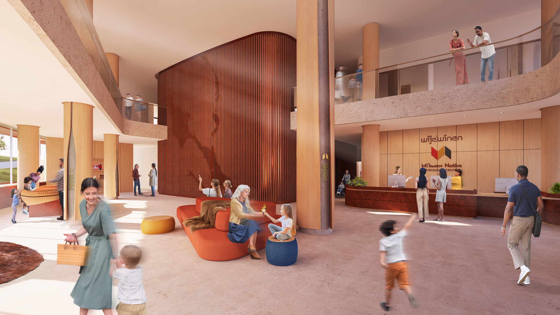 Spacious modern lobby with wooden pillars, curved wooden wall, people interacting, reception desk with Mi'kmaw Native Friendship Centre signage.