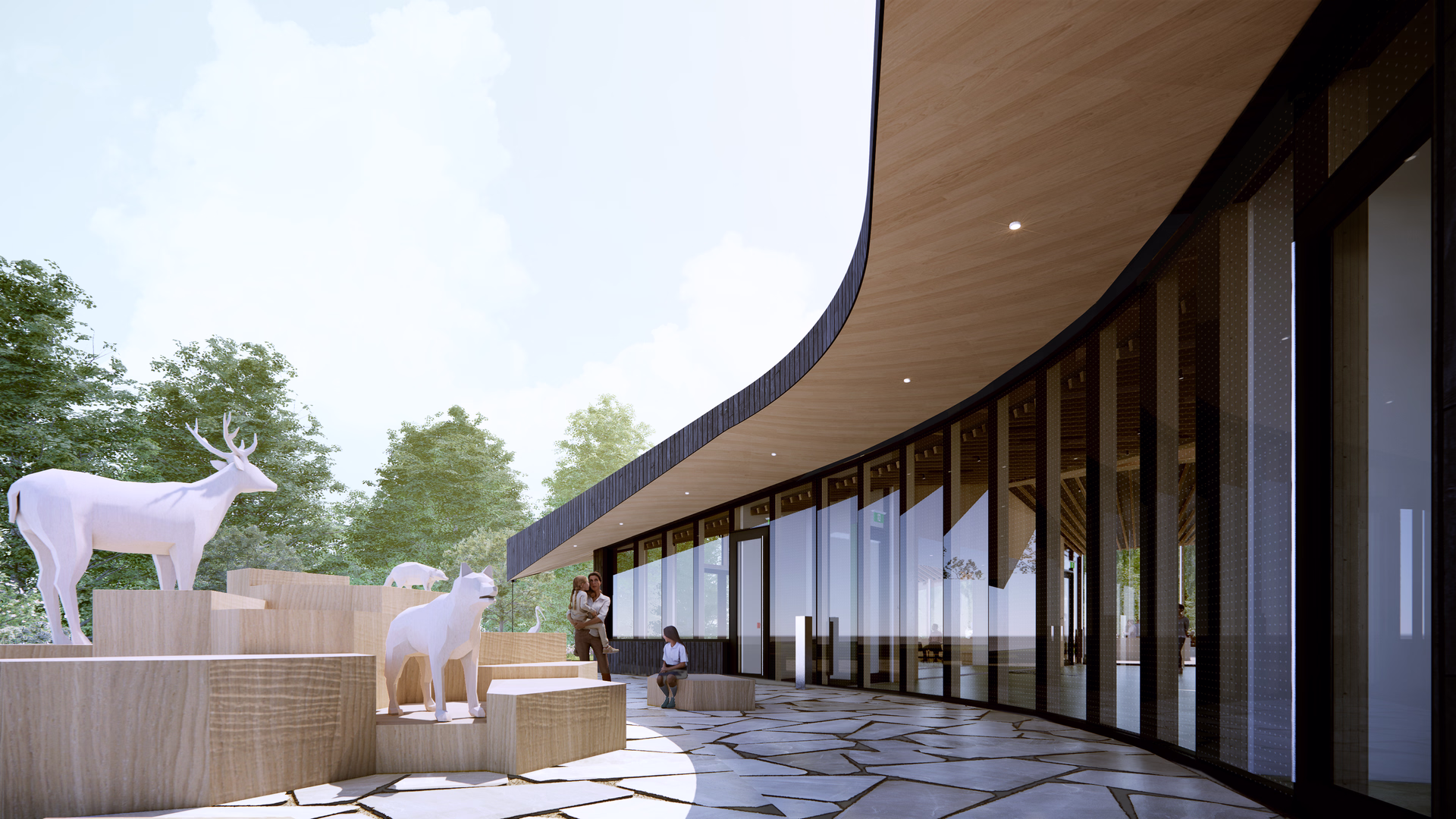 Modern building with tall glass windows and curved wooden roof next to a stone-paved area featuring wooden platforms and white animal sculptures, with people nearby.