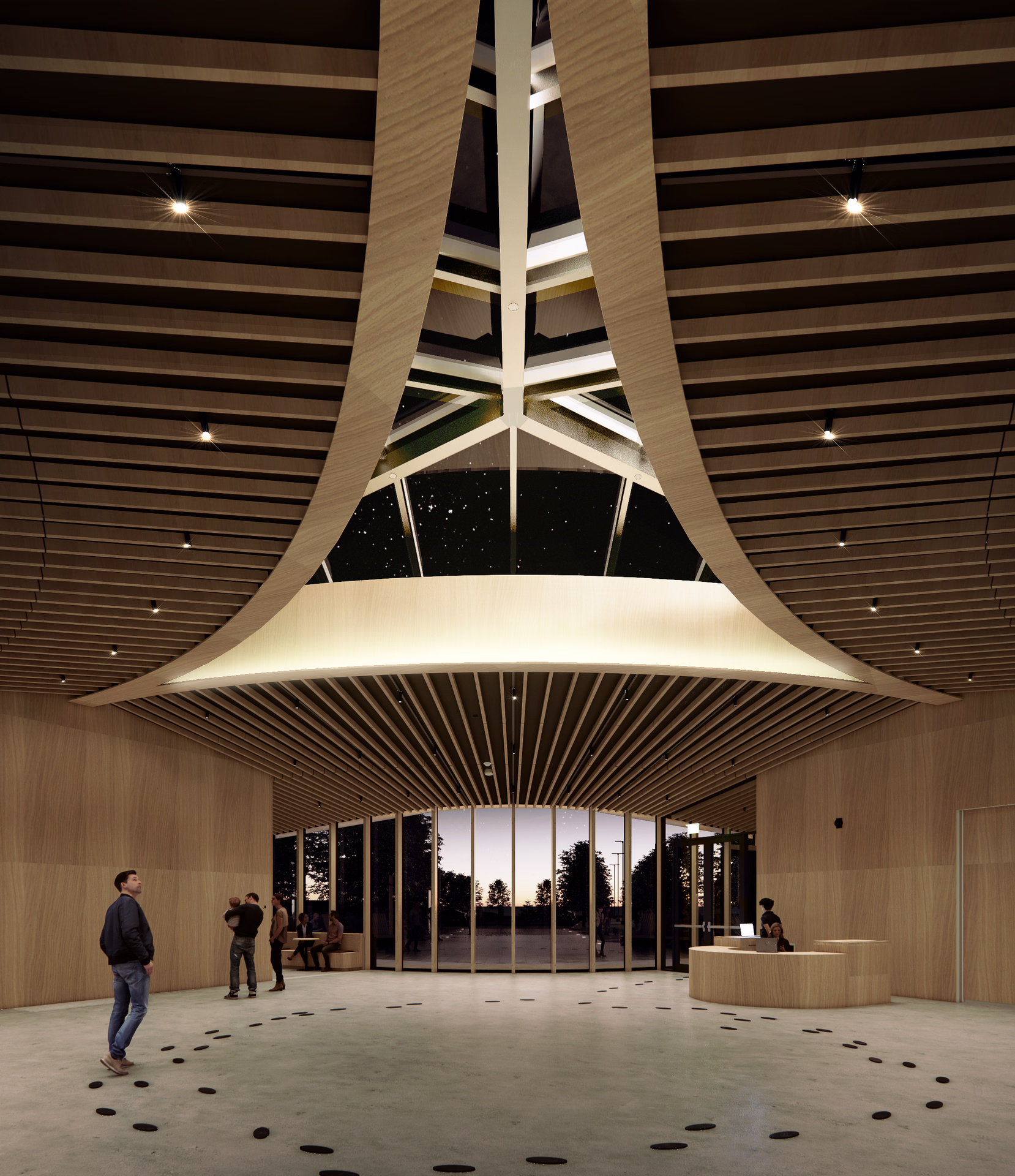 Modern spacious interior with wooden slat ceiling, large skylight exposing a starry night sky, and people inside near curved reception desk and glass doors at dusk.