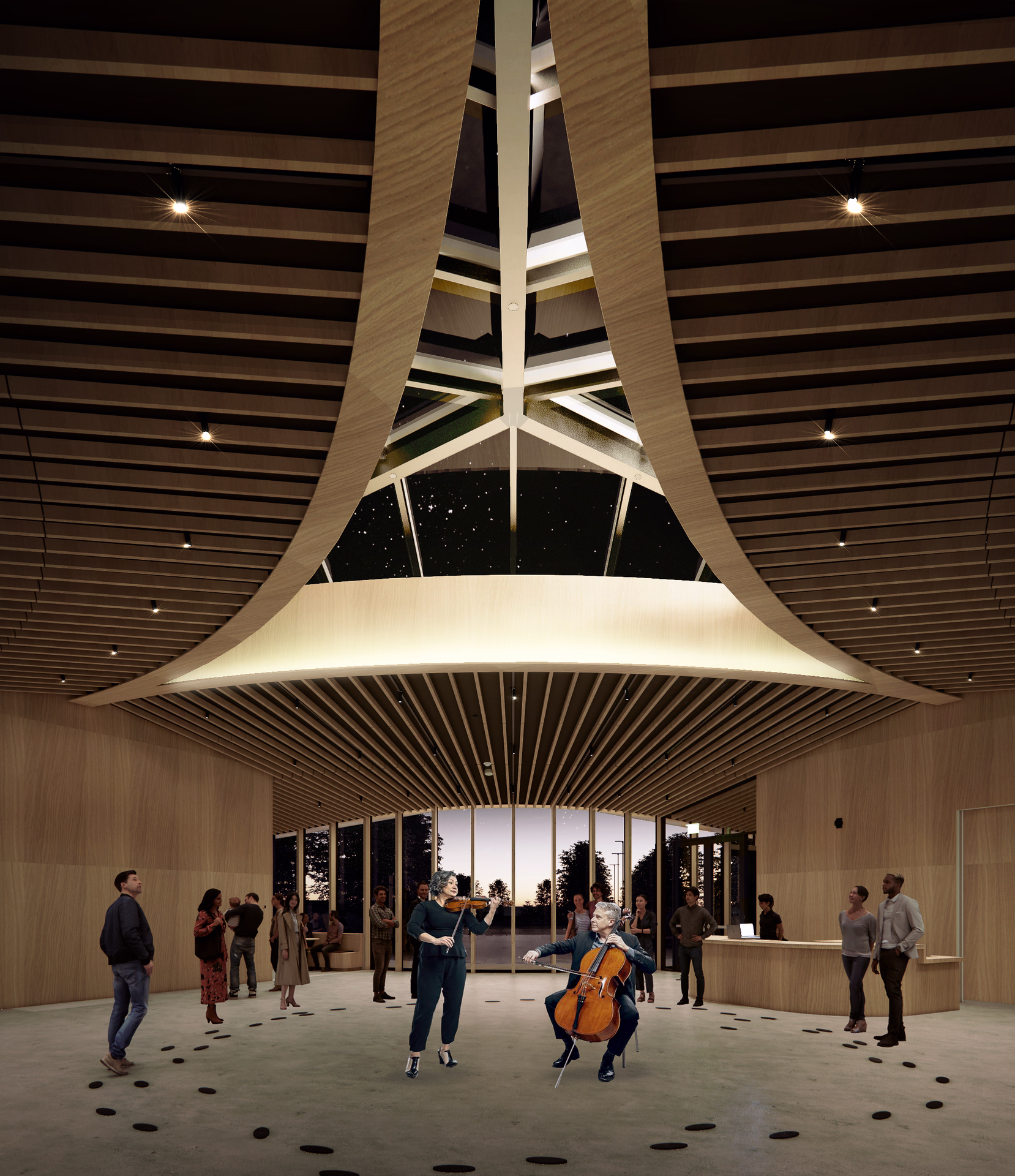 Modern indoor space with wooden ceiling beams and large windows, featuring two musicians playing violin and cello surrounded by an audience.