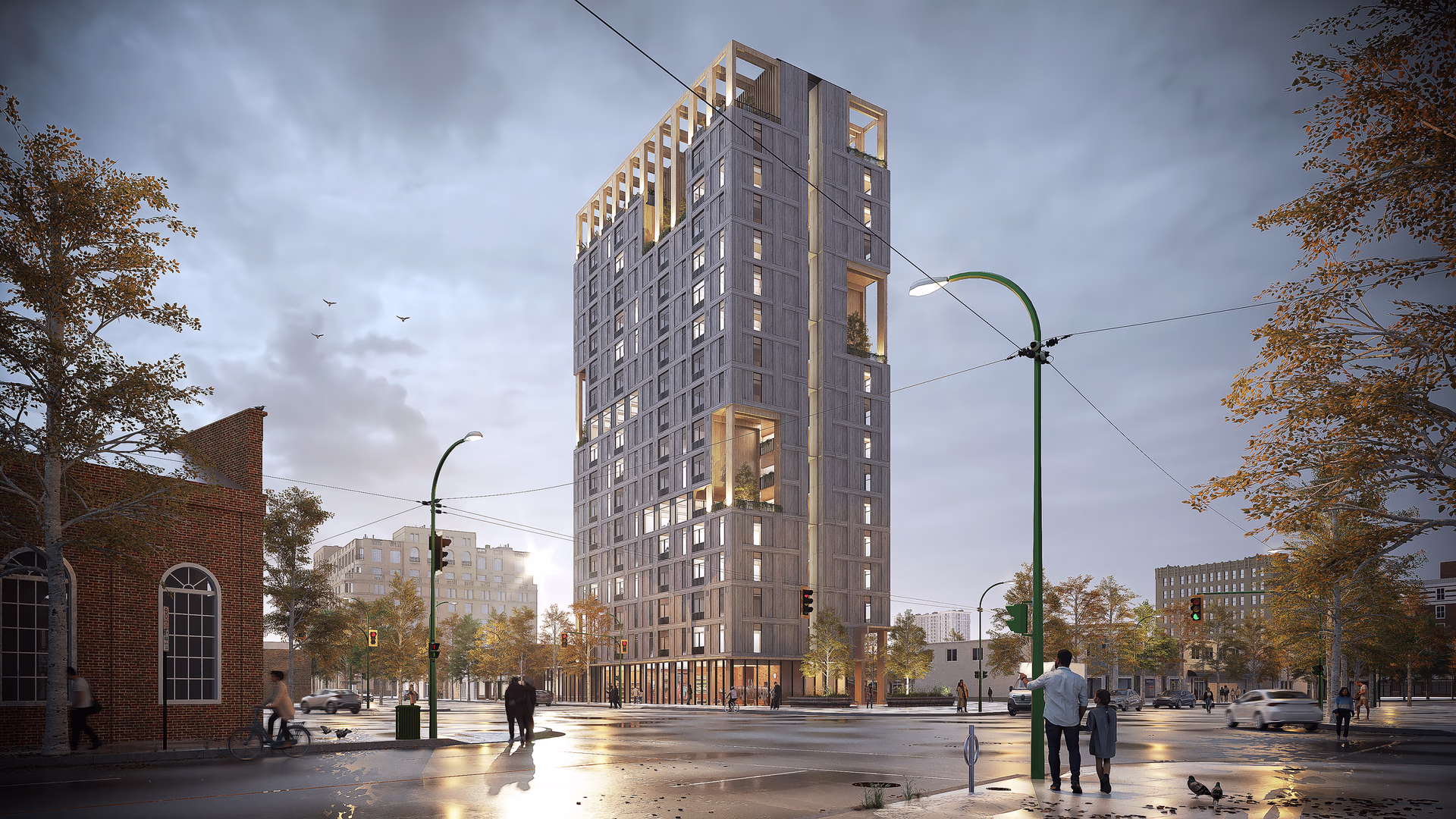 Modern multi-story residential building with large windows and recessed balconies on an urban street at dusk with pedestrians and cars.