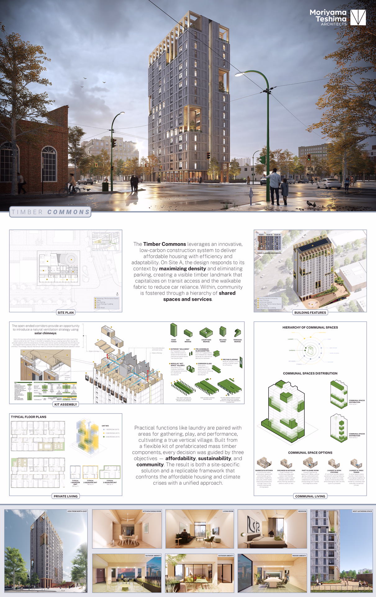 Architectural rendering and detailed presentation of Timber Commons, a tall timber building emphasizing low-carbon construction, shared communal spaces, and sustainable affordable housing design.