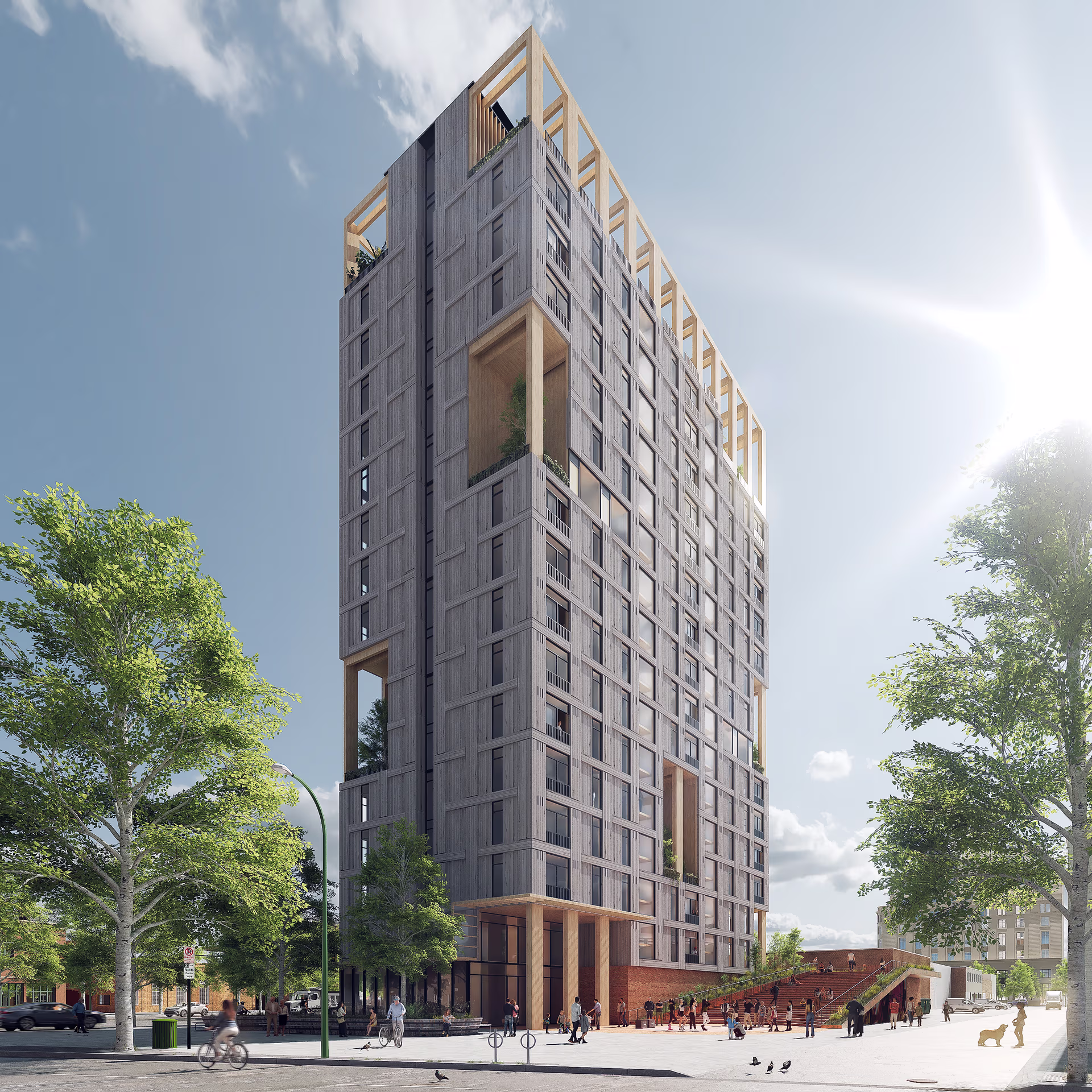 Modern high-rise building with wooden structural accents and large recessed balconies under a bright sky, surrounded by trees and pedestrians.