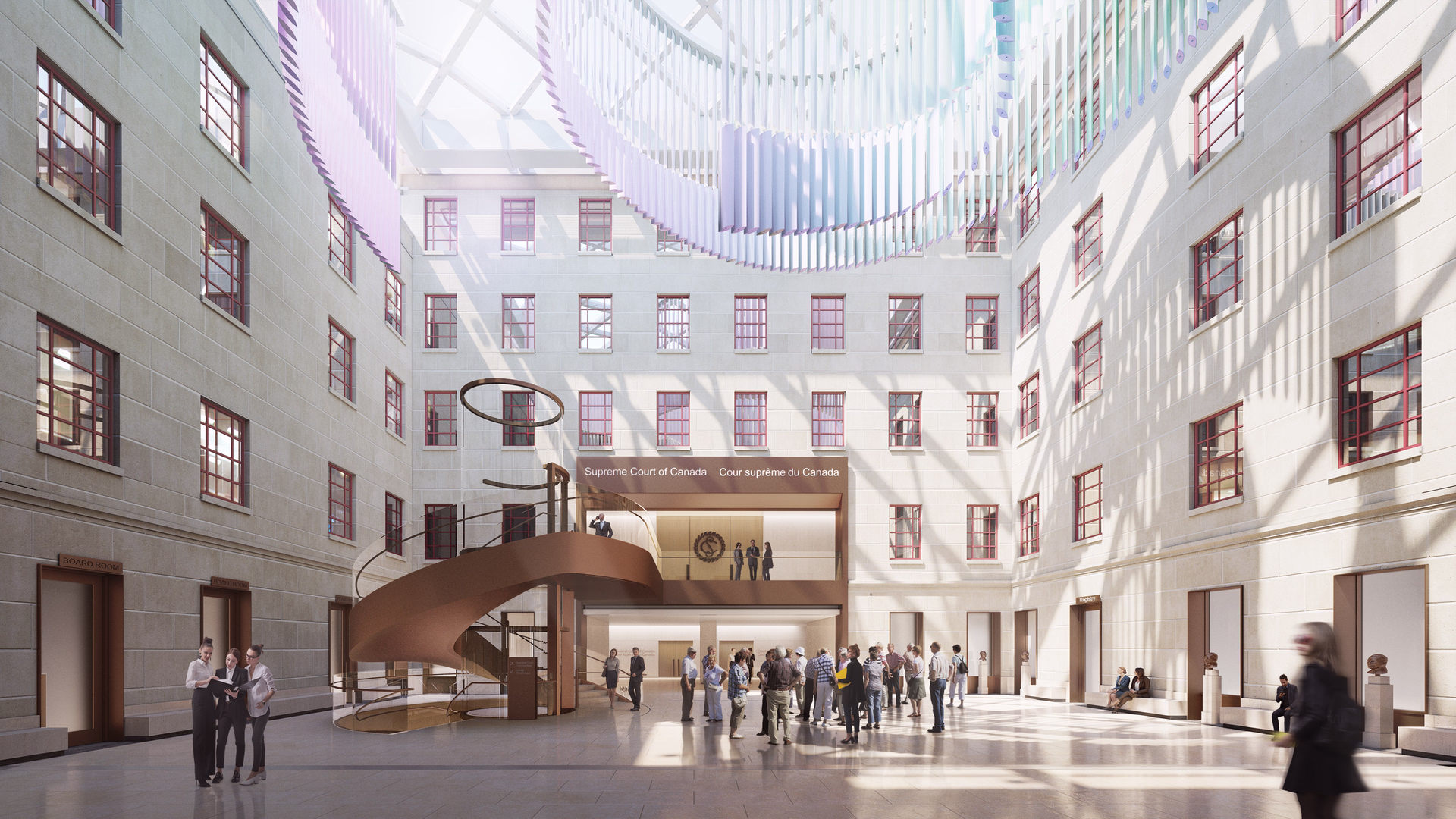 Interior of the Supreme Court of Canada featuring a large open atrium with a spiral staircase, multiple people standing and talking, and light streaming through a glass ceiling.