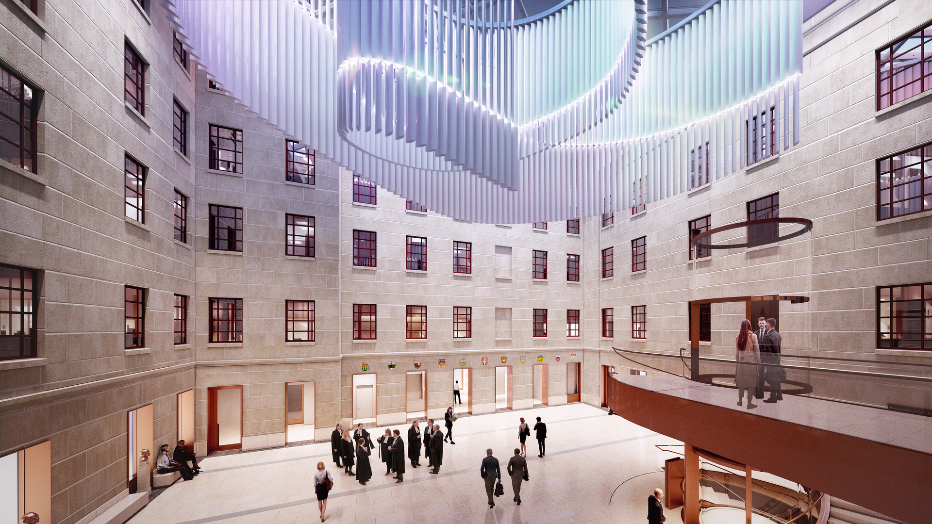 Modern atrium with high ceilings, multiple windows, people dressed in formal attire gathered below, and a large abstract white ceiling installation.