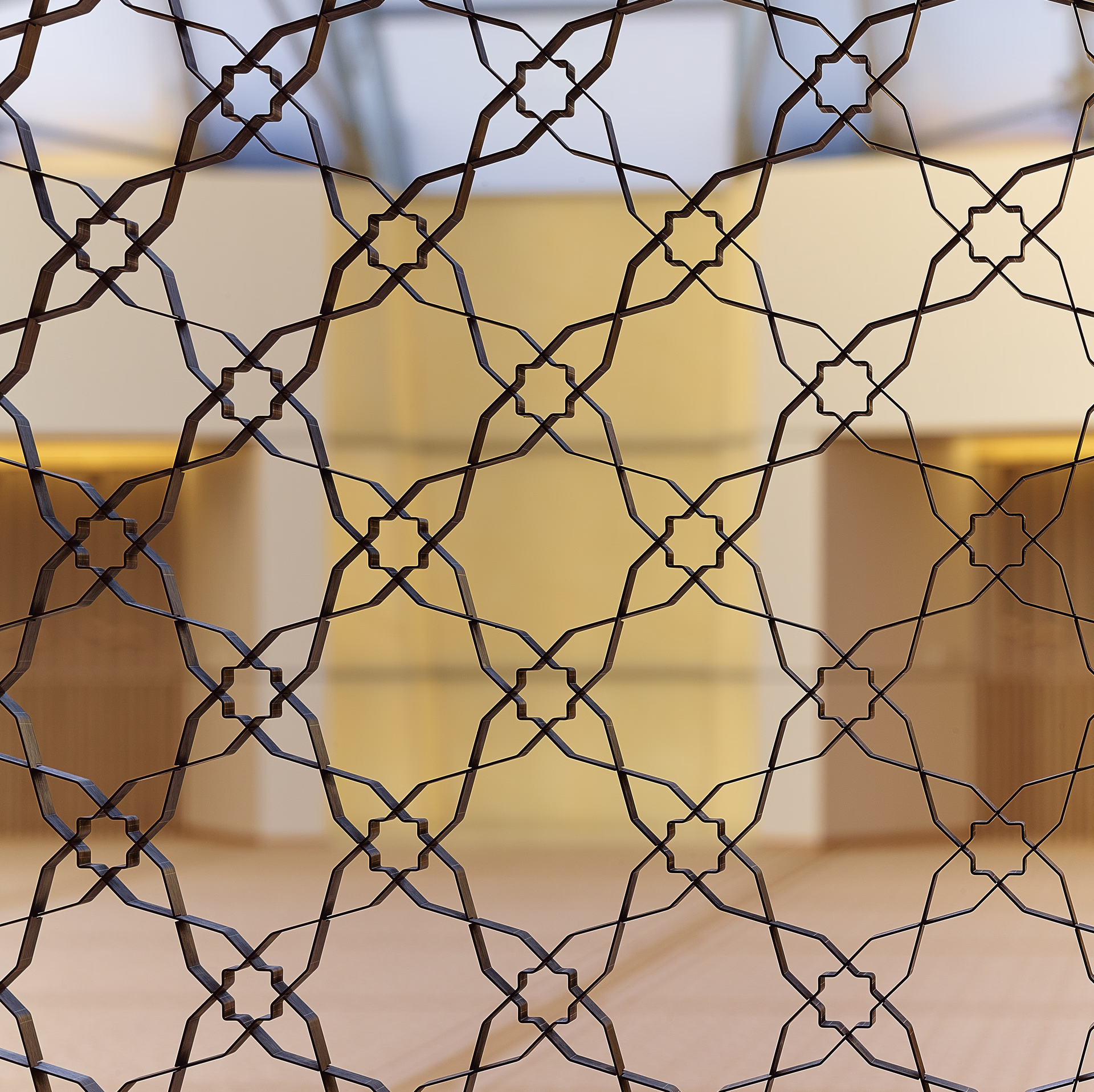 Black geometric lattice screen with star-shaped patterns against a blurred modern beige and yellow interior background.